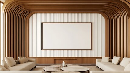 Modern living room interior design with curved wooden wall panels.