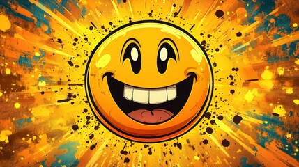 Bright and Vibrant Cartoon Smiley Face with Colorful Burst Background for Joyful and Positive Themes