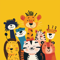 Cheerful Cartoon Animals Illustration Featuring Lion Tiger Bear Giraffe And Leopard