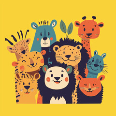 Cute Cartoon Animals Illustration With Lion Giraffe Bear Tiger Cheetah And Fox On Yellow Background