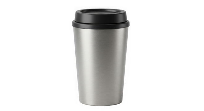 Steel tumbler with black lid against patterned background