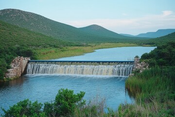A dam with water cascading over the edge. The structure sits against a natural backdrop, showcasing flowing water and engineering design.