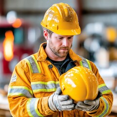 Safety Inspector Examining Hard Hat: Quality Control and Workplace Protection Inspection