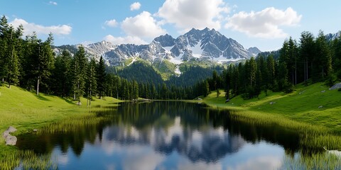Breathtaking reflection of a mountain lake surrounded by pines scenic nature view ultra hd