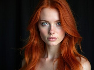 Fototapeta premium Portrait of redhead sexy woman with long hair on black background. Perfect girl with the blue eyes, nice clean skin, beautiful natural makeup, red hair.