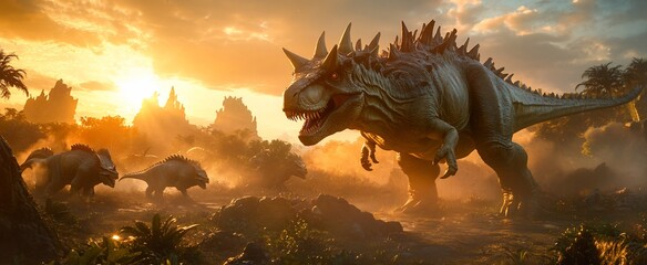 Prehistoric scene with giant dinosaurs at sunset