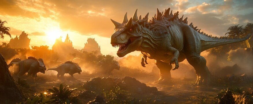 Fototapeta Prehistoric scene with giant dinosaurs at sunset