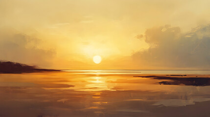 Naklejka premium Ethereal golden hour seascape with tranquil reflections and subtle cloudscape