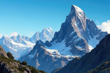 Obraz premium Jagged peaks of a towering rocky mountain range pierce a vibrant blue sky , landscape, elevation
