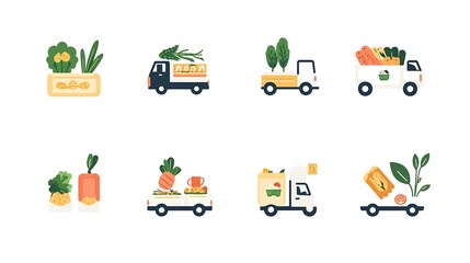 Fresh Produce Delivery Trucks Icons.