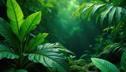 Lush green tropical foliage, vibrant leaves and plants , tropical, shadow