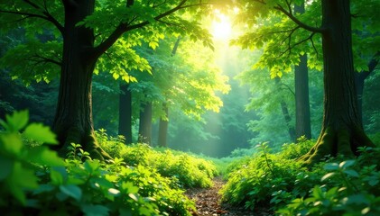 Fototapeta premium Lush green forest scene, vibrant foliage, sunlight dappling through leaves , nature background, dappled light