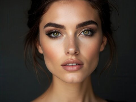 Classic Smokey makeup on woman face, beautiful big eyes. Fashion Perfect makeup, expressive eyes on girl face, smooth black eyebrows, licked brunette hair. Portrait of a woman on a.