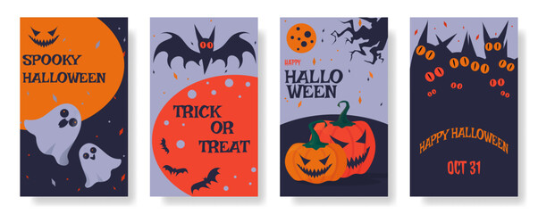 Happy Halloween vector poster set. Trick or treat greeting text with pumpkins, bat, ghost characters elements design  for horror party invitation. Holiday vector illustration, card set