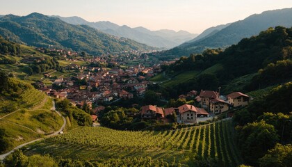 Picturesque valley village nestled in mountains