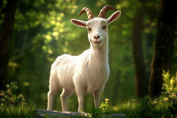 Obraz premium Charming animated goat standing in a lush forest, surrounded by greenery and sunlight