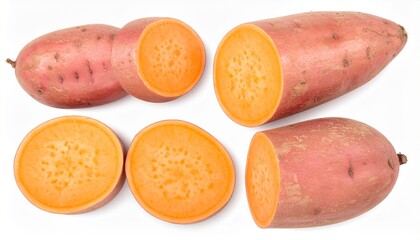 Fresh Sweet Potatoes with Vibrant Orange Flesh on White Background