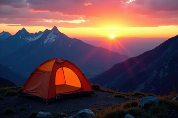 Silhouette of a tent pitched on a mountain ridge at sunset, overlooking a vast valley , panorama, epic, untamed