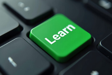 Close up of a bright green learn key on a computer keyboard emphasizing online education self improvement and the power of digital skills acquisition