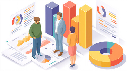 Modern Isometric Business Analytics with People Standing Among Charts and Graphs