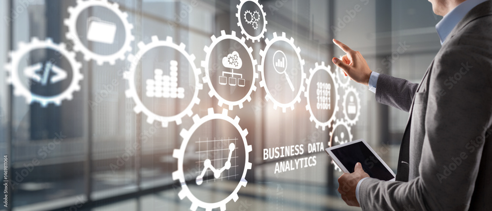 Aufkleber data business analysis and data management system with kpi and metrics. technology finance operation