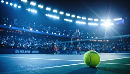 Tennis Ball on a Blue Court at Night