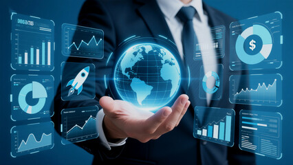 Businessman presenting global business growth and financial data with modern futuristic interface
