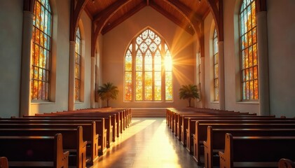 Fototapeta premium Tranquil interior of a modern worship church, sunlight streaming through stained glass windows , cross, contemporary