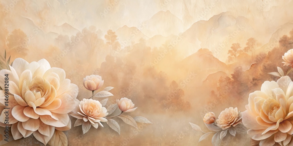 Poster serene landscape featuring delicate peach blossoms against a misty mountain backdrop, creating a tra