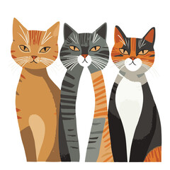 Stylized Vector Illustration Of Three Cats With Unique Markings And Colors