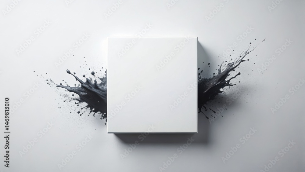 Poster A blank white square canvas is framed by a dynamic dark gray paint splatter, creating a striking contrast and artistic tension.