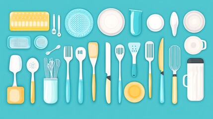 Fototapeta premium Kitchen Utensils Flat Lay Teal.