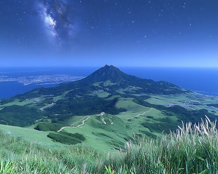 Majestic mountain peak overlooking a lush island landscape at night.