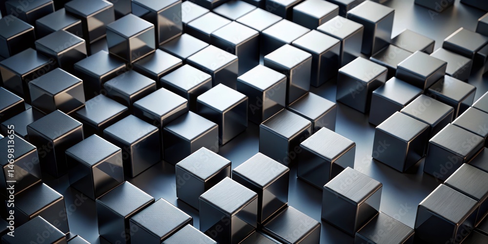 Poster Abstract metallic cube arrangement, a textured surface design of many dark gray cubes in a scattered pattern on a flat surface