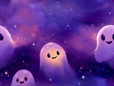 Kawaii-style ghost wallpaper featuring smiling spirits and twinkling stars in a cute spooky theme.  