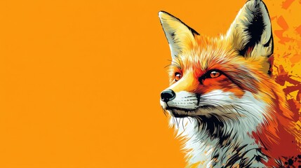 Vibrant Illustration of a Fox Against a Bold Orange Background with Intricate Detail and Expressive Features