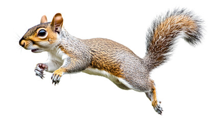 Obraz premium Energetic Grey Brown Squirrel Jumping Isolated on Transparent Background