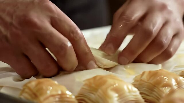 Close-up of hands shaping delicate phyllo pastry layers for dessert