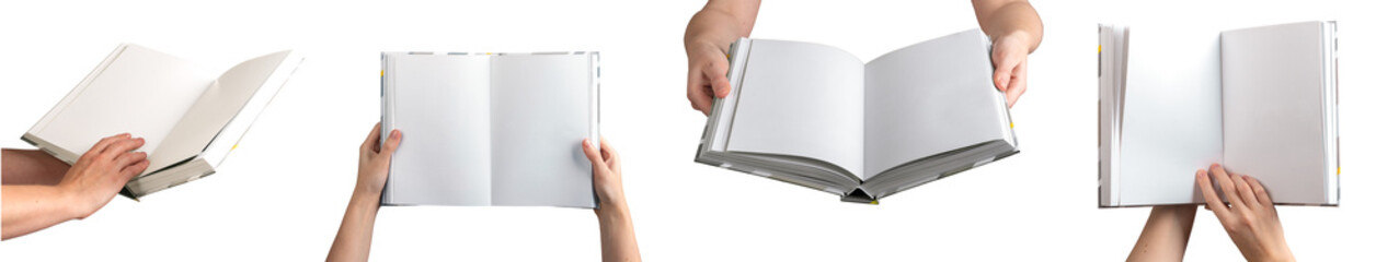 Hand holding an open book with blank pages, symbolizing education and learning. A perfect