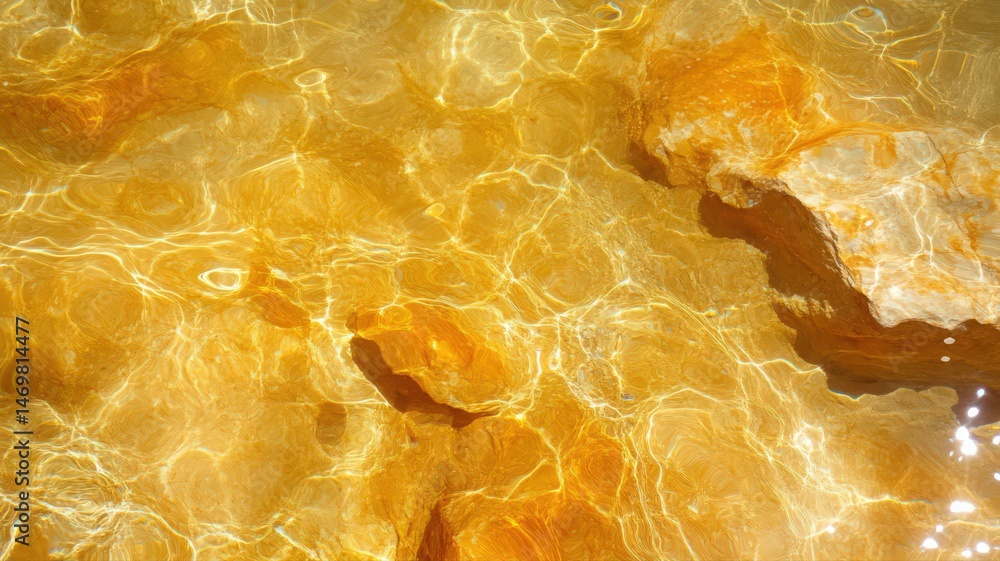 Poster sunlit water reflects on yellow stone creating shimmering natural patterns and texture detailed back