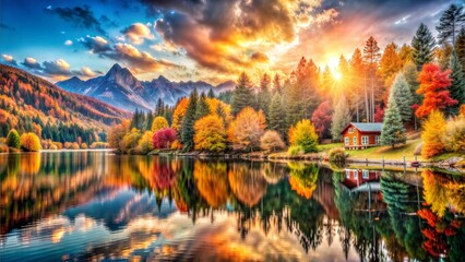Photograph of a lake view with a single house in the forest on a mountain in the evening.