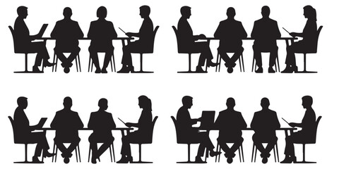Silhouette of Business People in a Meeting, Business Meeting Silhouettes Diverse Group Teamwork Collaboration, Business People in a Meeting Around a Table, 