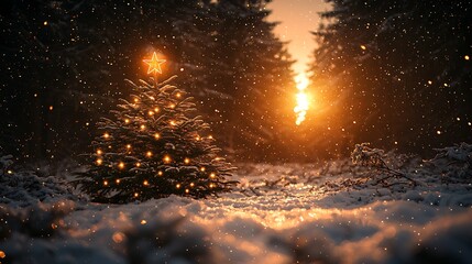 Obraz premium A wintry Christmas tree scene bathed in golden sunlight.