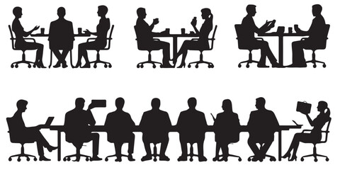Silhouette of Business People in a Meeting, Business Meeting Silhouettes Diverse Group Teamwork Collaboration, Business People in a Meeting Around a Table, 