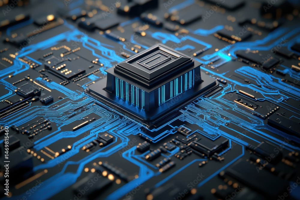 Poster a bank building with tall columns and blue circuit lines as a prominent theme in the image.