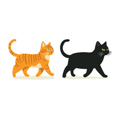Cartoon Orange Striped Cat And Black Cat Walking Together Illustration