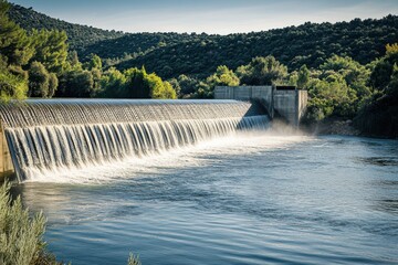 A dam with water cascading over the edge in a scenic landscape setting.
