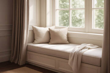 Classic Elegant Window Seat with Refined Textiles and Paneled Walls