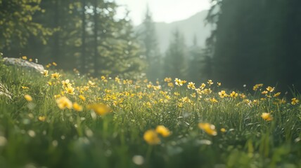 Sunlit Yellow Wildflower Meadow in Mountain Forest