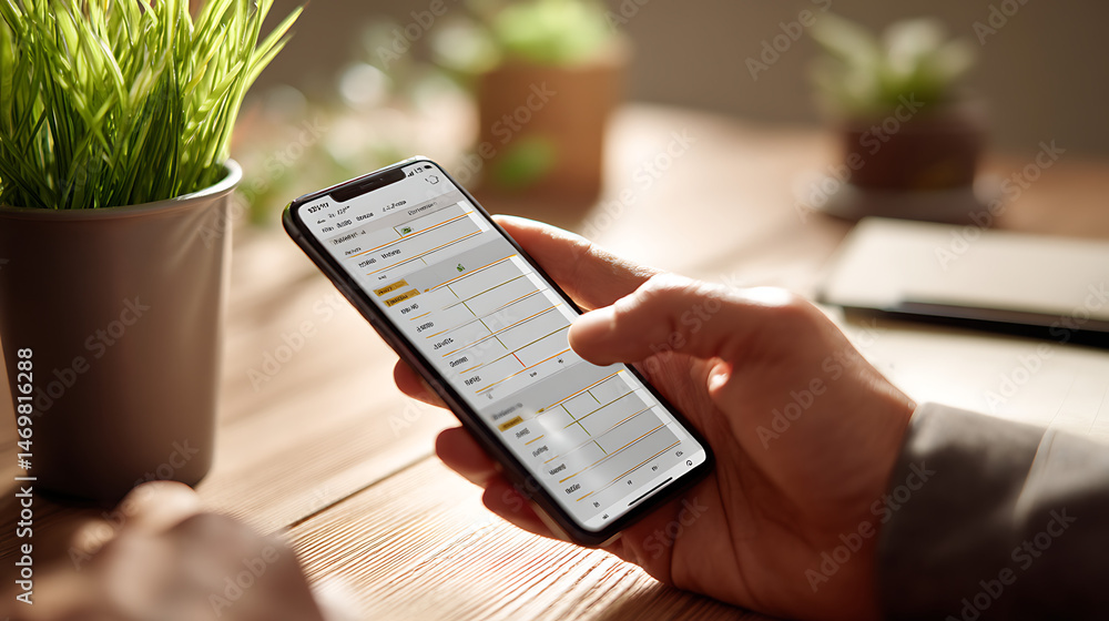 Poster analyzing financial data on a phone in a business setting